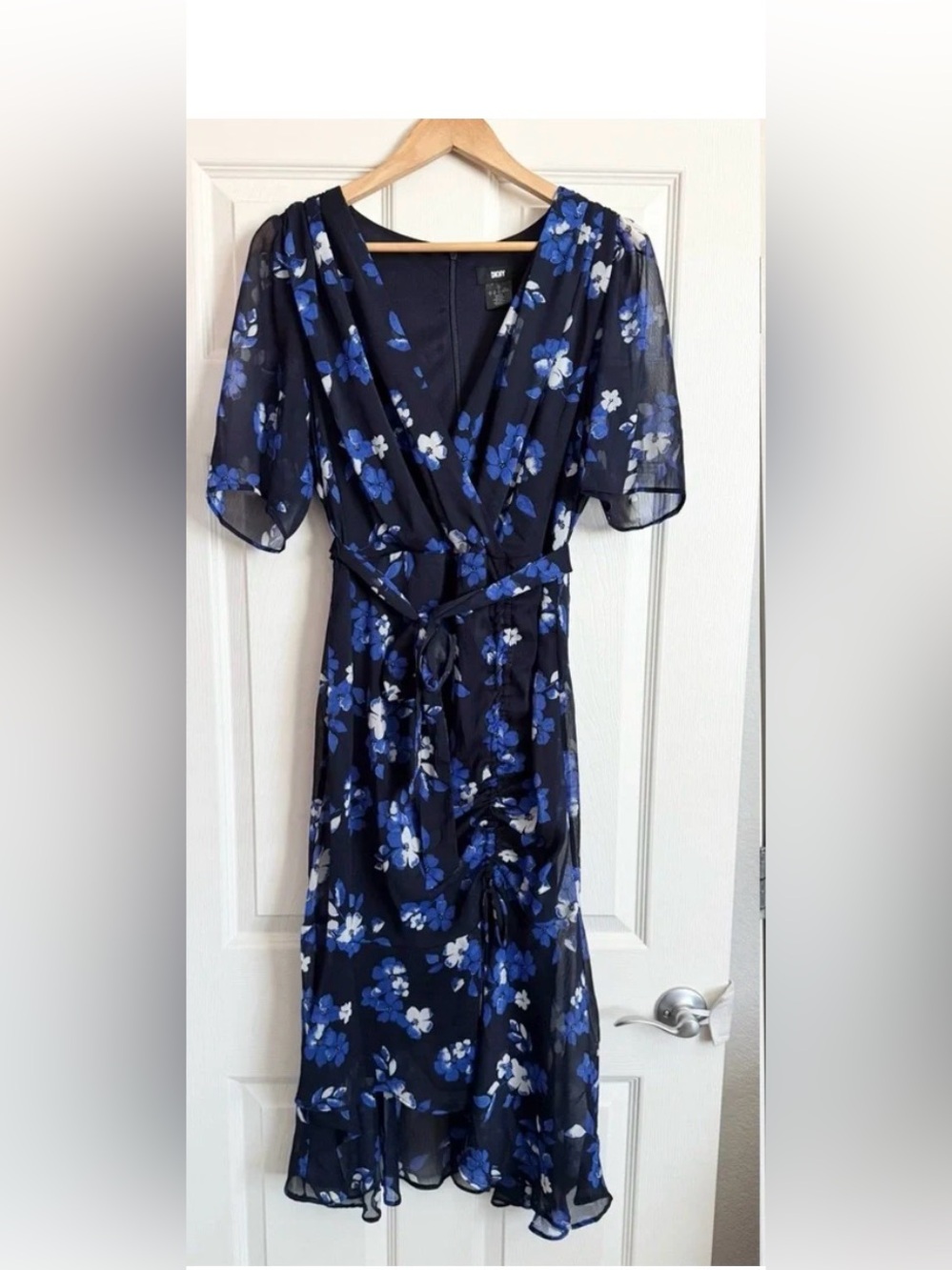 DKNY Navy Floral Wrap Dress with Blue & White Blooms